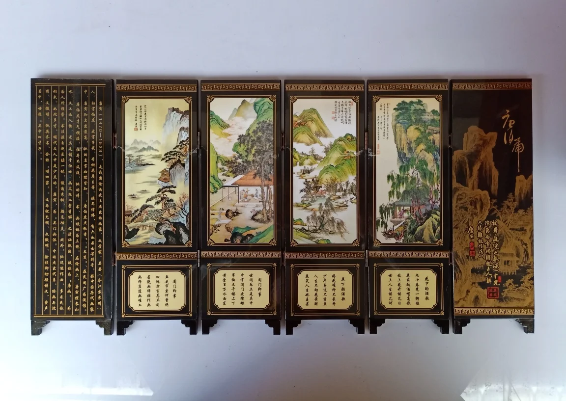 

China Collect Exquisite Lacquer PaIntIng Mountain Water Draw Small Folding Screens Handicraft Home Decoration