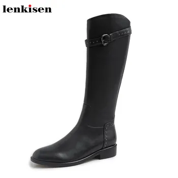 Lenkisen cow leather knight boots rivets belt buckle round toe med heels winter black colors keep warm women knee high boots L66
Lenkisen cow leather knight boots rivets belt buckle round toe med heels winter black colors keep warm women knee high boots L66