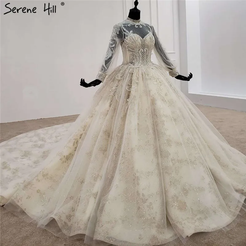 Роскошное Свадебное платье с высоким воротом 2021 расшитое бисером блестками