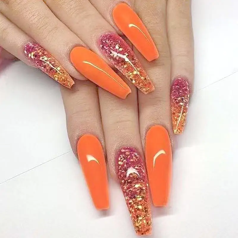 20pcs Glitter Fake Nails Press-on Extra Long Coffin Full Nail Tips Pure Color Orange False Nails with Glue
20pcs Glitter Fake Nails Press-on Extra Long Coffin Full Nail Tips Pure Color Orange False Nails with Glue