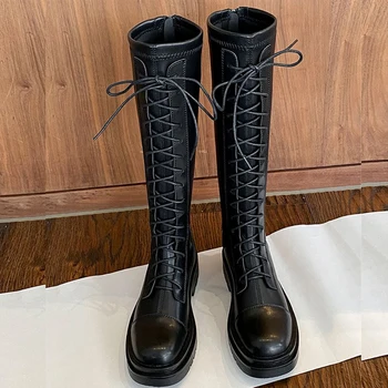 MASTGOU Women Cross Strap PU Leather Boot Retro Knee High Boots Woman Motocycle Booties Ladies Thick Sole Platform Botas Mujer 
MASTGOU Women Cross Strap PU Leather Boot Retro Knee High Boots Woman Motocycle Booties Ladies Thick Sole Platform Botas Mujer