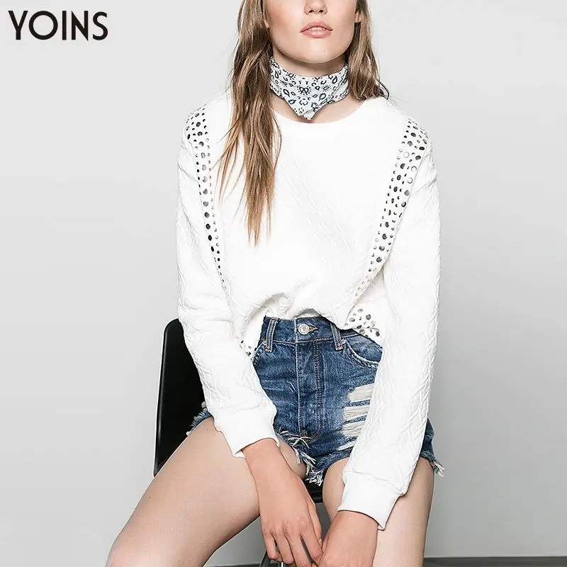 

YONIS 2019 Spring Autumn Winter Women Cotton Sweatshirts Hoodies Studded Double Strap Long Sleeves Round Neck Causal Pullovers