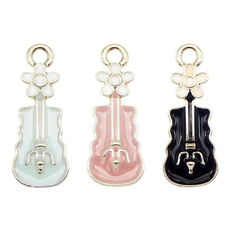 Фото Julie Wang 6PCS Enamel Flower Violin Charms Black Blue Pink Cartoon Music Instrument Pendants Alloy Jewelry Making Accessory | Украшения и