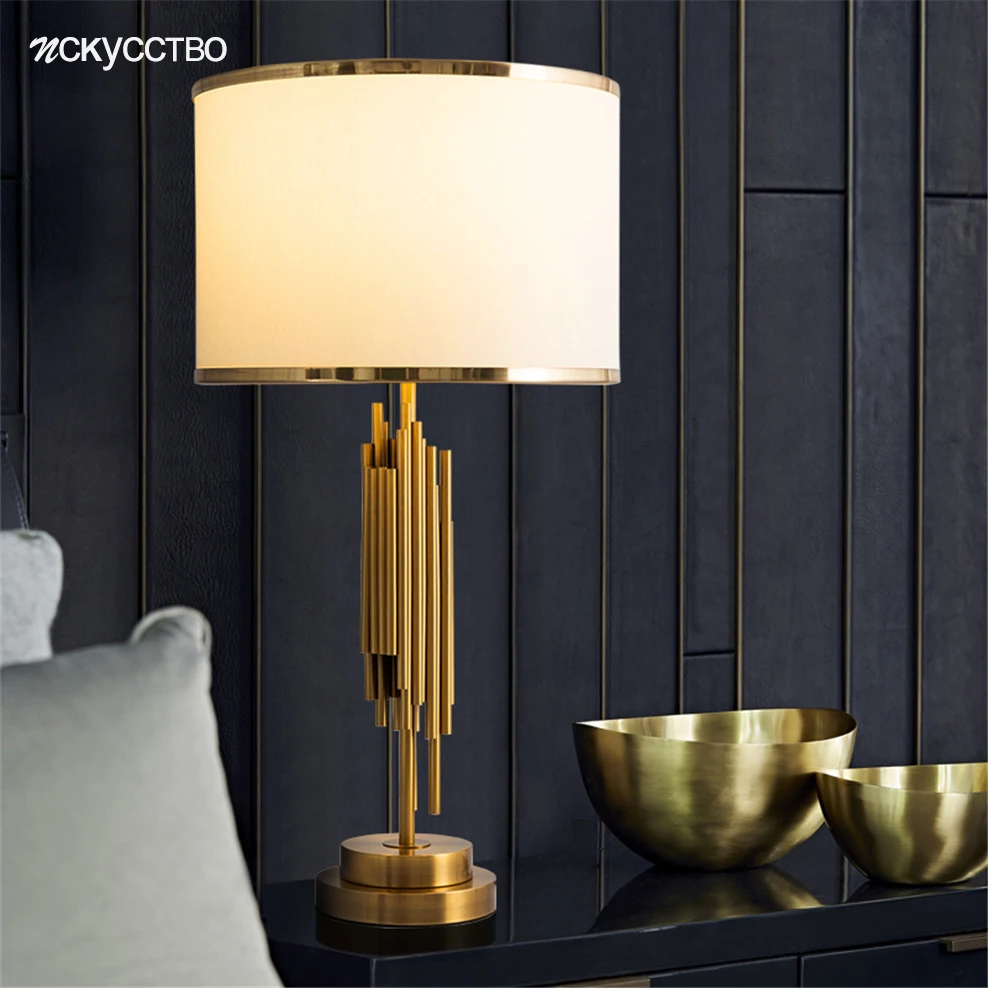 

American Luxury Brass Metal Tube Table Lamp For Coffee Store Dining Room Home Deco Bedroom Bedside Light Fixture Fabric Led