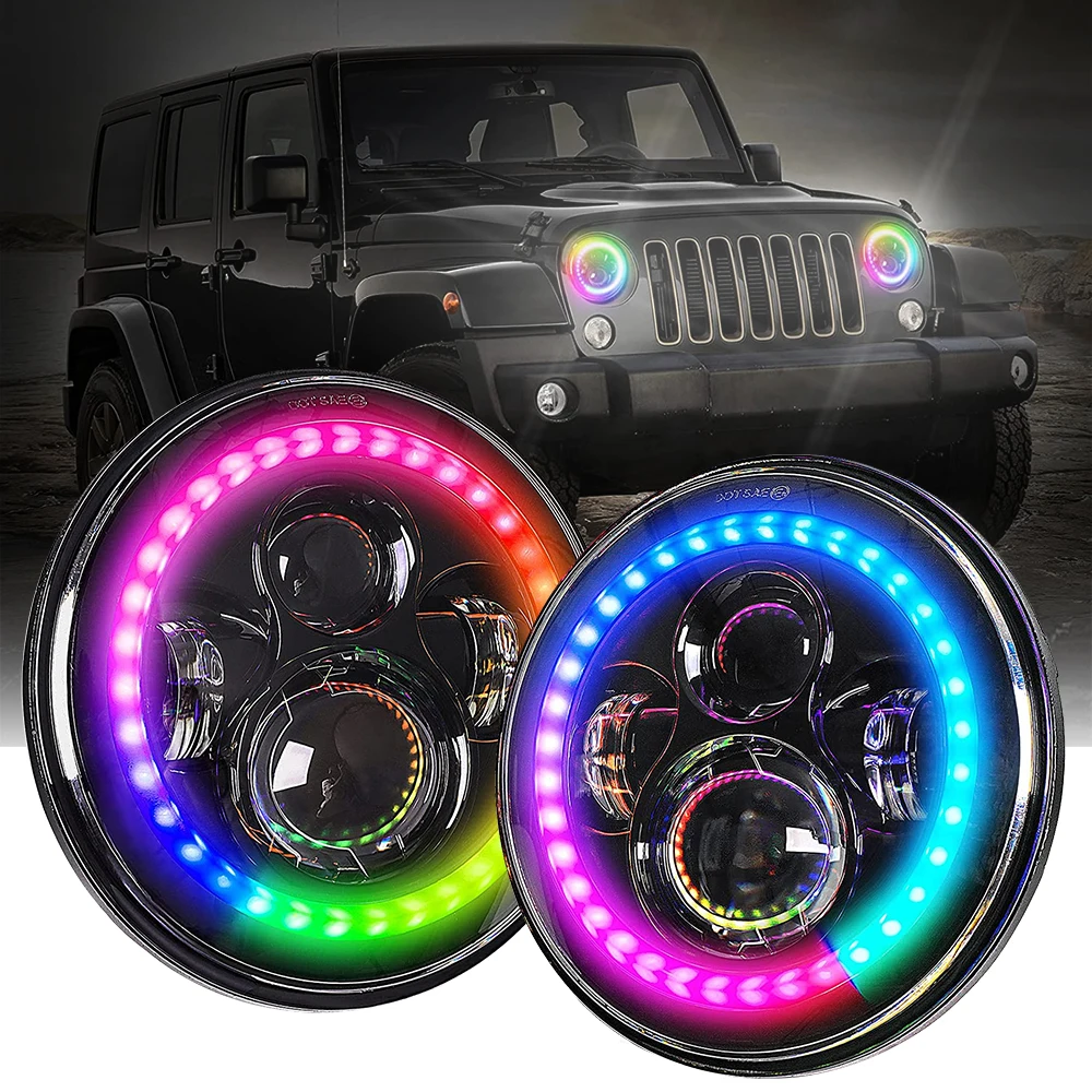

7 Inch Led Headlight H4 Round RGB Controlled By APP 7'' Headlights For Lada Niva 4X4 Uaz Hunter Hummer H1 H2 Jeep Wrangler JK TJ