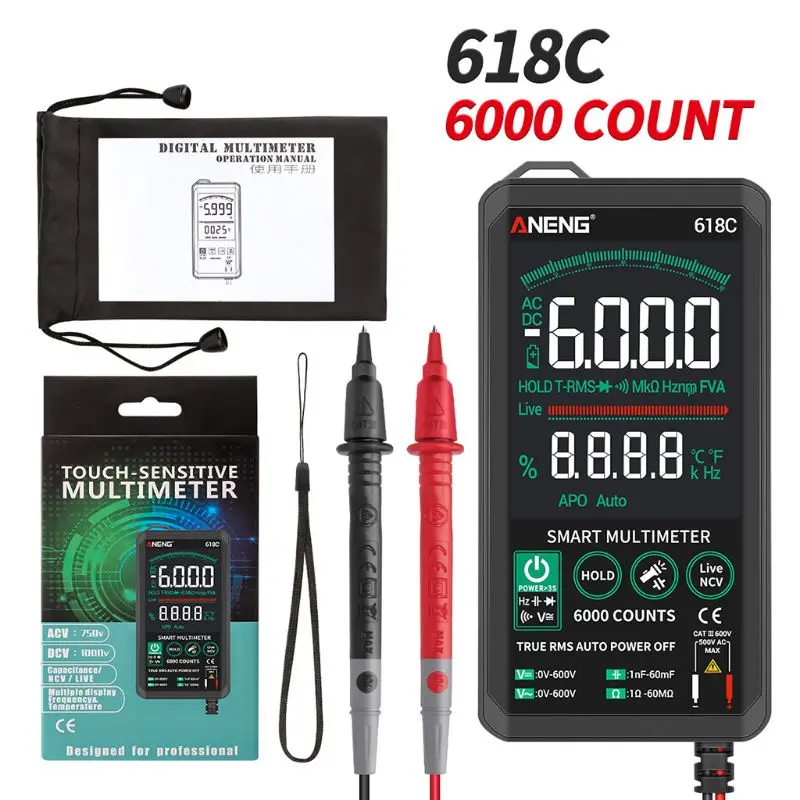 618C Digital Multimeter Smart Touch AC DC True RMS Transistor NCV Tester Meter G88A
618C Digital Multimeter Smart Touch AC DC True RMS Transistor NCV Tester Meter G88A