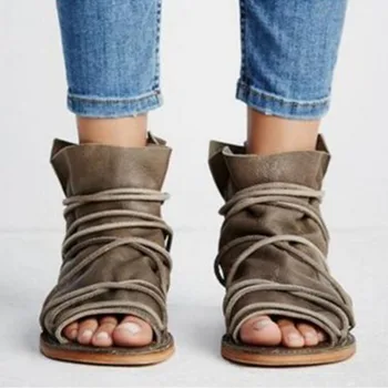 

Designer Summer Gladiator Woman Sandals Bohemia Open Toe Flat Cross-Tied causal Beach Female Footwear Black Brown Rome strappy