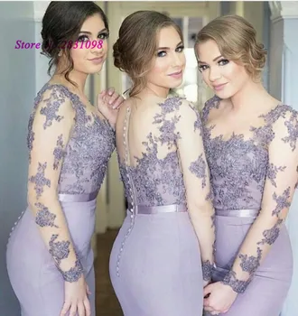 Lavender Long Sleeve Bridesmaid Dresses Lace Mermaid Cheap Wedding Party Dress O Neck Buttons Belt Vestido de Festa de Casamento 
Lavender Long Sleeve Bridesmaid Dresses Lace Mermaid Cheap Wedding Party Dress O Neck Buttons Belt Vestido de Festa de Casamento