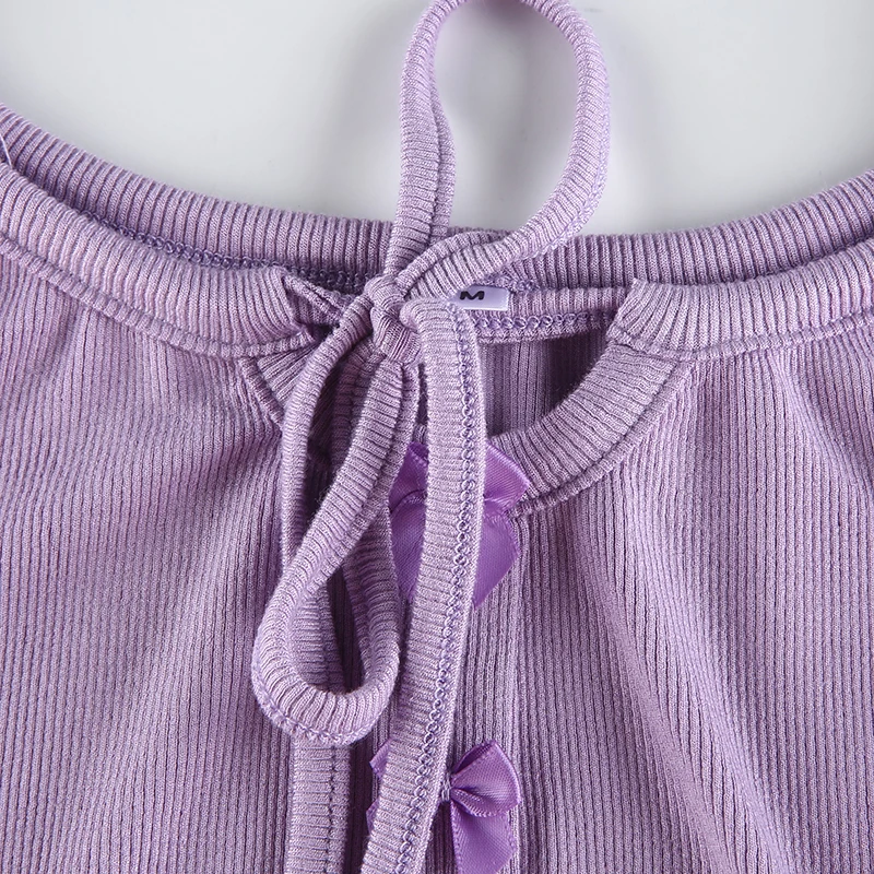 Darlingaga Crew Neck Bow Lace Up Woman T-shirts Purple Solid Slim Long Sleeve Autumn T shirt Casual Crop Tops Tee Shirts Korean