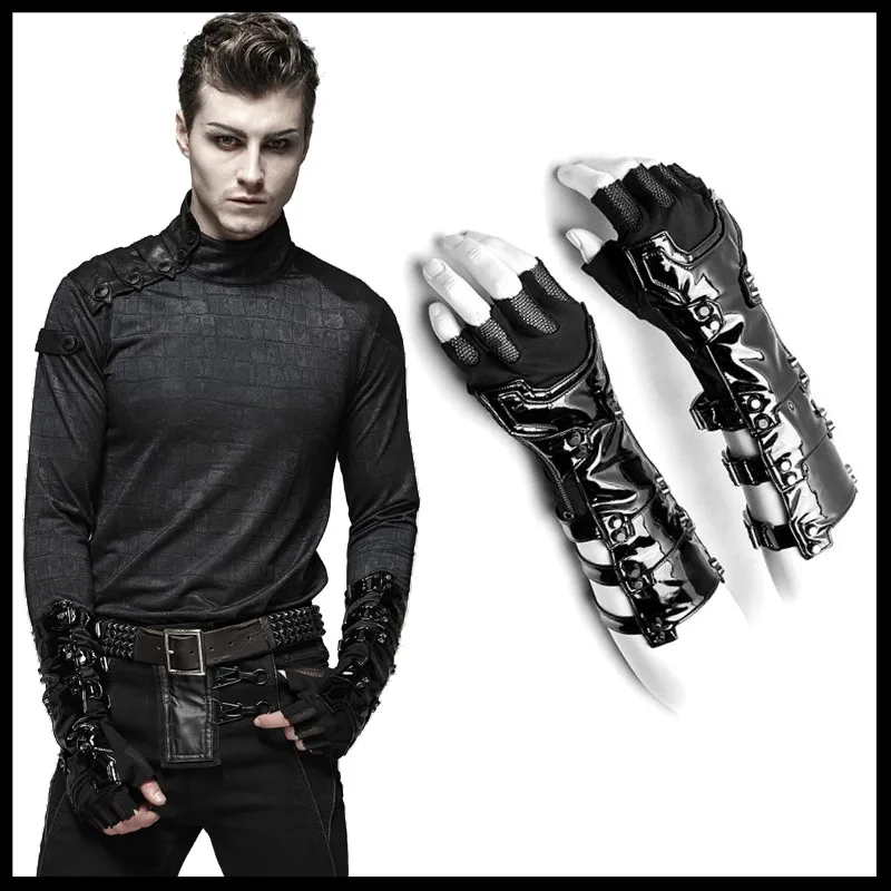 Punk Rave Men Steampunk Fingerless Gloves Military Gothic Rock motocycle gray