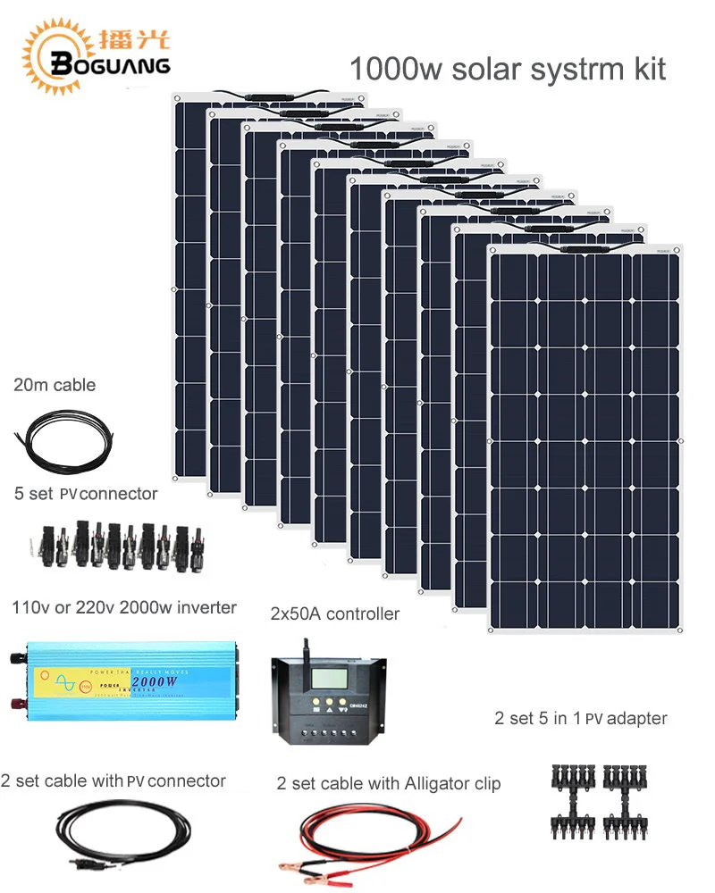 Boguang 1000w Solar System Kit 10*100W solar panel module 50A controller 2000w inverter adapter connector battery power charge
Boguang 1000w Solar System Kit 10*100W solar panel module 50A controller 2000w inverter adapter connector battery power charge