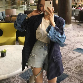 Korea 2020 Autumn Summer New Pattern Coat Notched Collar Stripe Denim Spliced Single Breasted Ladies Blazer L138
Korea 2020 Autumn Summer New Pattern Coat Notched Collar Stripe Denim Spliced Single Breasted Ladies Blazer L138