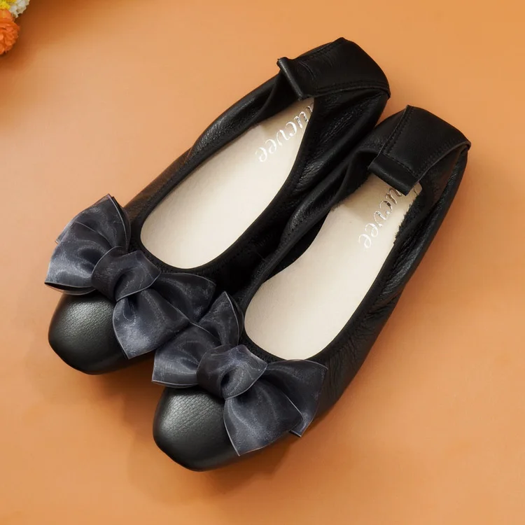 Women Ballet Flats Plus Size 34-43 Cow Leather Loafers Woman Shoes 2018 Spring Sweet Bow Slip On Black Ballerina Shoes For Women (25)