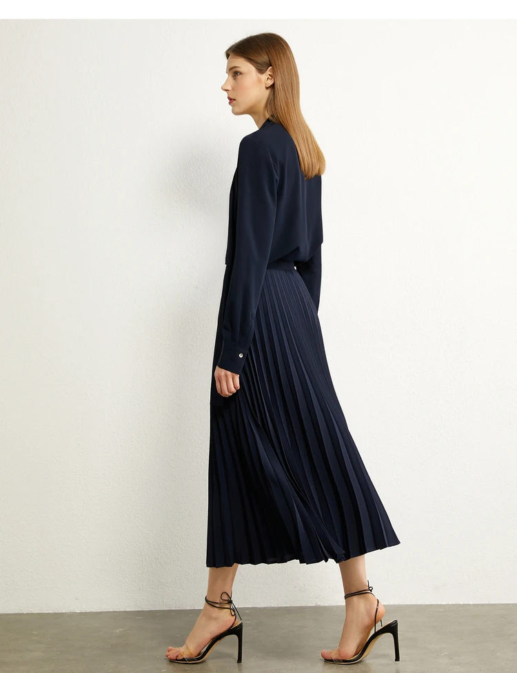 AMII Minimalism Autumn Olstyle Set Fashion Bow Neck Full Sleeve Loose Women Shirt High Waist Pleated Female Skirt 12040337
