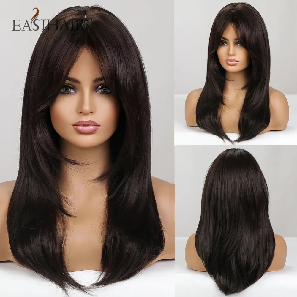 

EASIHAIR Long Dark Brown Black Straight Synthetic Wigs Layered Natural Hairs for Women Daily Cosplay Party Heat Resistant Fiber