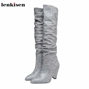 Lenkisen brand star fashion gorgeous shiny crystal studded pleated pointed toe high heels winter warm women thigh high boots L19
Lenkisen brand star fashion gorgeous shiny crystal studded pleated pointed toe high heels winter warm women thigh high boots L19