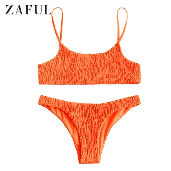 

ZAFUL Women Cami Smocked Bikini Set Spaghetti Straps Wire Free Bralette Swimwear Low Waisted Solid Bathing Suit Beach Wear