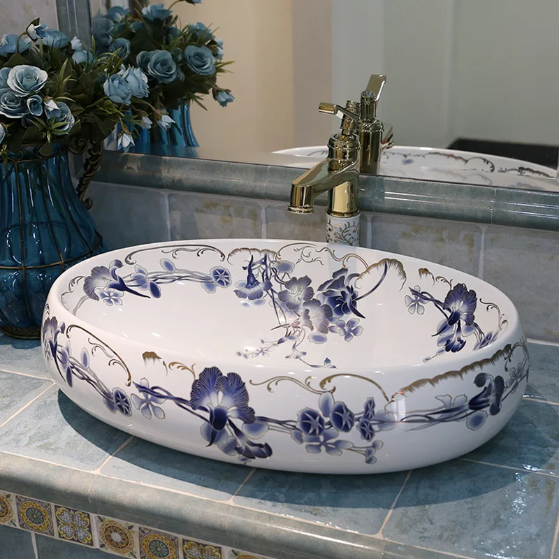 

Oval Bathroom Lavabo Ceramic Counter Top Wash Basin Cloakroom Hand Painted Vessel Sink bathroom sink sink bowl blue and white