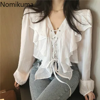 Nomikuma V Neck Long Sleeve Drawstring Lacing Up Vintage Shirts Women Solid Ruffles Crop Tops Female Korean Fashion Blouse 3a817
Nomikuma V Neck Long Sleeve Drawstring Lacing Up Vintage Shirts Women Solid Ruffles Crop Tops Female Korean Fashion Blouse 3a817