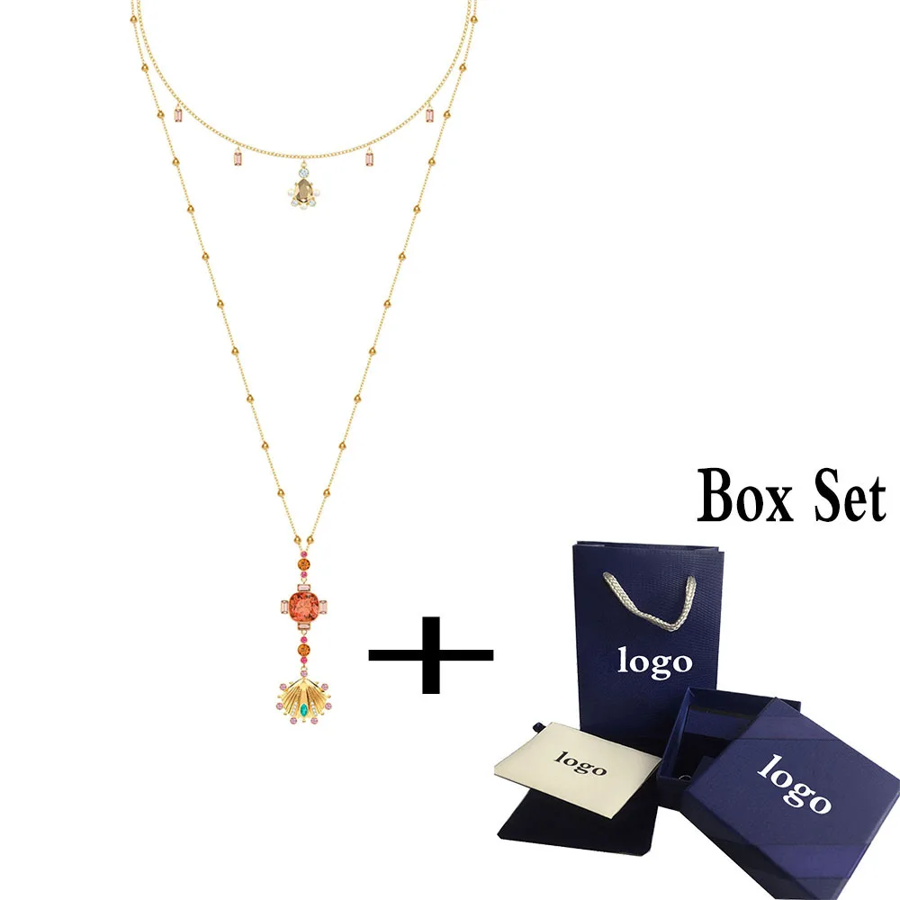 

SWA RO 2019 Popular SWA New LUCKY GODDESS Double Circle Necklace Bright Crystal Original Female Fashion Clavicle Necklace Set