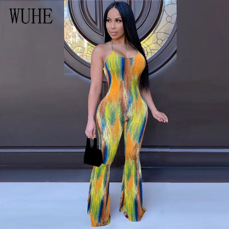 

WUHE Women Tie Dye Print Bodycon Jumpsuit Sexy Hollow Out Backless Club Party Romper Skinny Spaghetti Strap Flared Playsuit