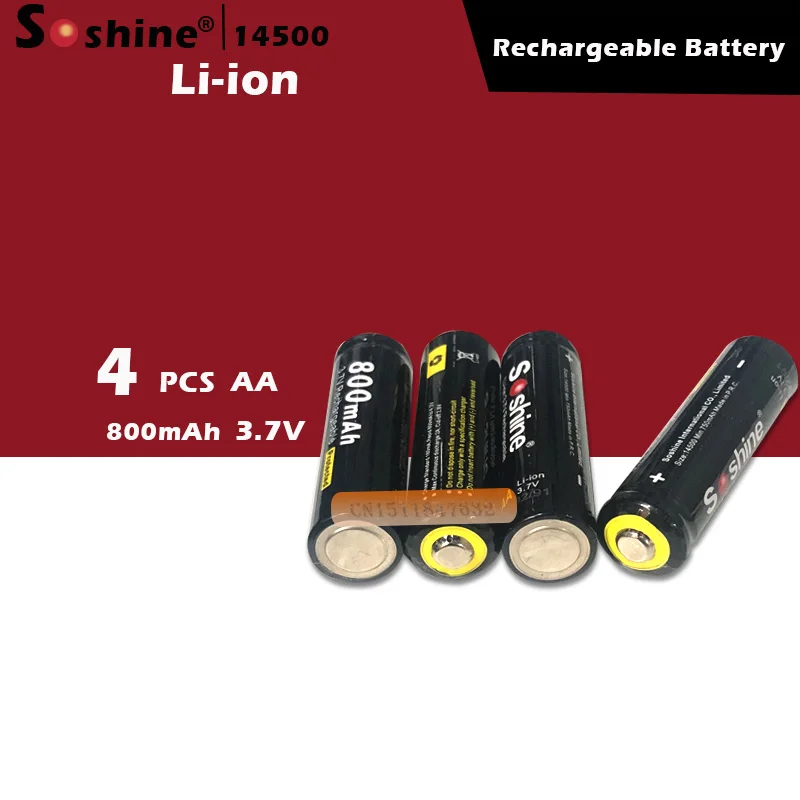 

4pcs 100% Original Soshine 14500 AA Li-ion Battery Protected 3.7V 800mAh Rechargeable Batteries with Battery Box