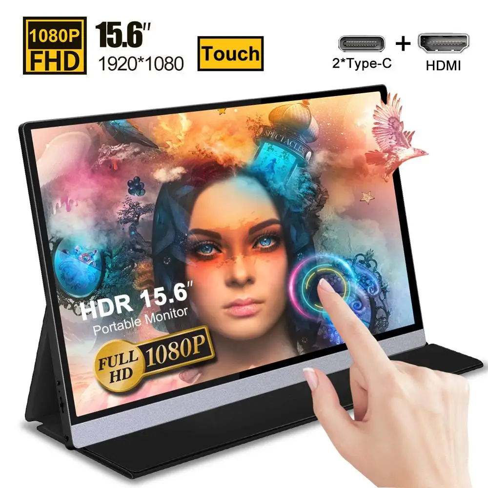 Портативный монитор с сенсорным экраном 15.6 дюймов FHD IPS HDR ЖК-дисплей 1080P HDMI USB Type C