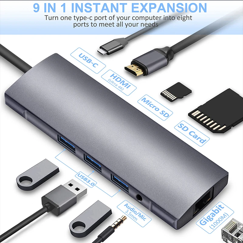 USB 3.0 HUB Type-C HUB Computer Interface Extension 9-in-1 Adapter Dock with USB 3.0 3.5mm Gigabit Hdmi Sd Slot for Mac for Pc
USB 3.0 HUB Type-C HUB Computer Interface Extension 9-in-1 Adapter Dock with USB 3.0 3.5mm Gigabit Hdmi Sd Slot for Mac for Pc