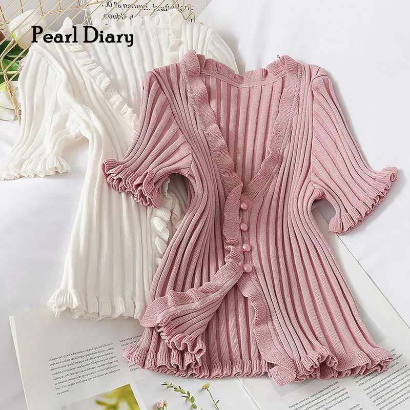

Pearl Diary Women Wide Rib Cardigans Solid Color Ruffle Neckline And Sleeve Vintage Cardigan England Style Elegant Buttons Tops