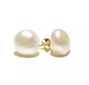 

New Arrival Favorite Baroque Pearl Stud Earrings 925 Sterling Silver Gold Color 13MM White Freshwater Pearl Fine Women Jewelry