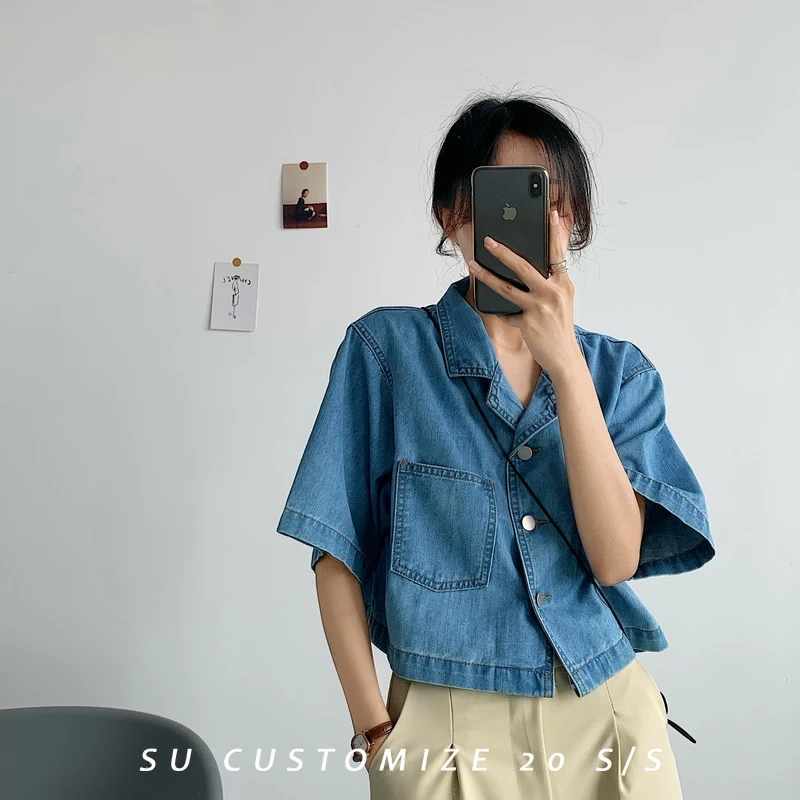 

Women's Shirt Blue Blouse Clothing Tops 2021 Turn Down Collar Short Denim Blouses Shirts Haut Chemise Femme Sexy Summer Autumn