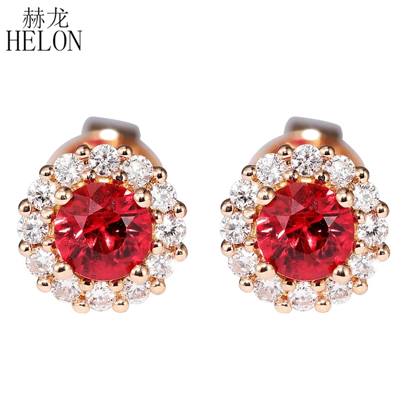 

HELON Real 14K Rose Gold 0.45ct H/SI Round Natural Ruby & Diamond Stud Earrings Trendy Unique Jewelry Genuine Gem For Women Gift