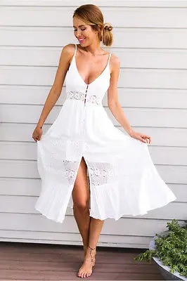 

White Vestidos Summer Fashion Women Sexy Strap V Neck Crochet Lace Waist Skater Dress Casual beach Boho Long Maxi Dresses