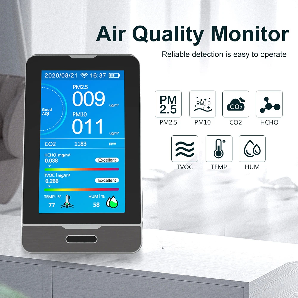 TUYA Multifunctional Intelligent WIFI PM2.5 PM1.0 PM10 HCHO TOVC Gas Detector 4.3 Inch LED Temperature Humidity CO2 Meter
TUYA Multifunctional Intelligent WIFI PM2.5 PM1.0 PM10 HCHO TOVC Gas Detector 4.3 Inch LED Temperature Humidity CO2 Meter