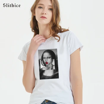 Slithice Mona Lisa Lick Lollipop Tshirt Women Summer t-shirt Cotton Short sleeve Streetwear Graphic female T-shirts
Slithice Mona Lisa Lick Lollipop Tshirt Women Summer t-shirt Cotton Short sleeve Streetwear Graphic female T-shirts