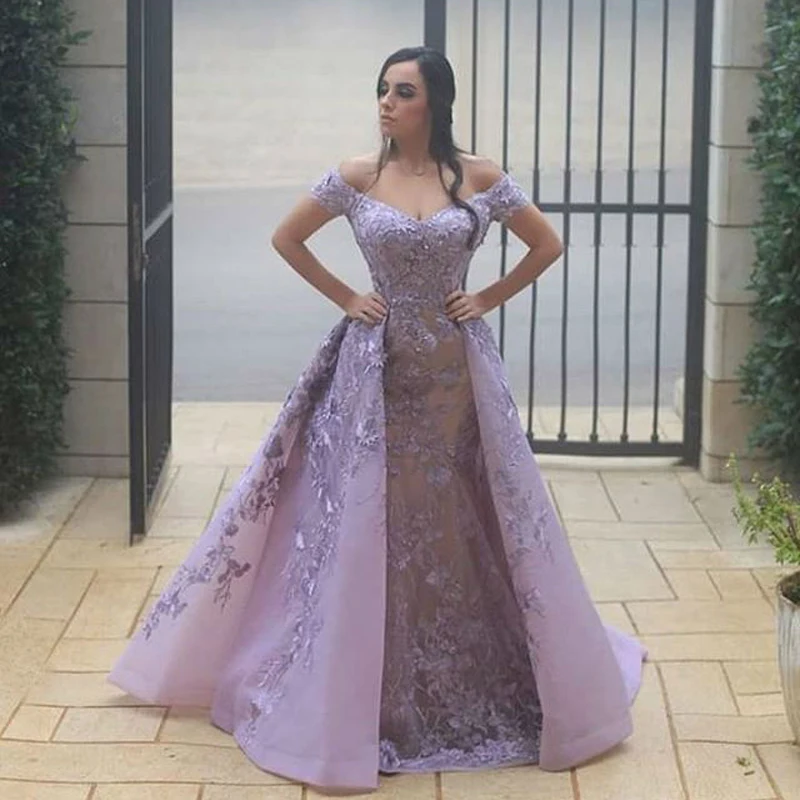 Lavender Mermaid Prom Gown Dresses Off the Shoulder Overskirts Formal Dress with Detachable Train Lace Appliques Evening Gowns
Lavender Mermaid Prom Gown Dresses Off the Shoulder Overskirts Formal Dress with Detachable Train Lace Appliques Evening Gowns