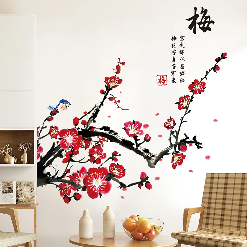

Chinese Style Plum Blossom Wall Stickers Flower Teenager Living Room Bedroom Headboard Decoration Vintage Home Office Decor Art
