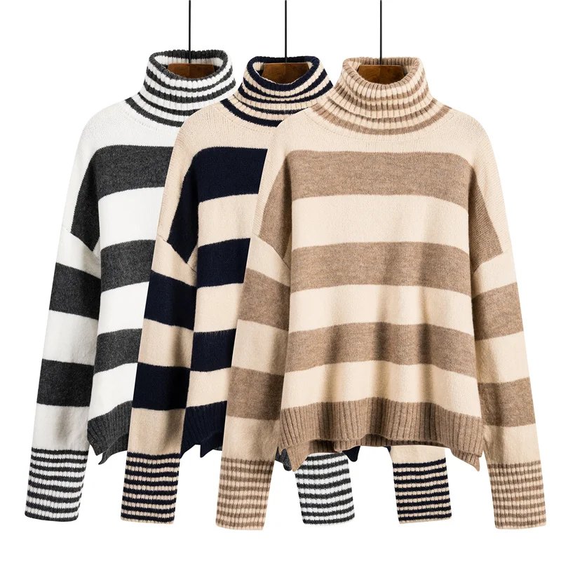 2019 Autumn Winter New Women's Knitted Sweater Korean Casual Loose Striped Turtleneck Long Sleeve Pullover Female Sweaters Tops
2019 Autumn Winter New Women's Knitted Sweater Korean Casual Loose Striped Turtleneck Long Sleeve Pullover Female Sweaters Tops