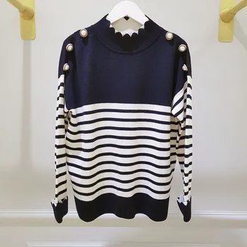 2020 Striped Women's Sweater Double-Layered Wave Female O-neck Knitted Pullover Sleeve Side Pearl Buckle Ladies Knitwear Top
2020 Striped Women's Sweater Double-Layered Wave Female O-neck Knitted Pullover Sleeve Side Pearl Buckle Ladies Knitwear Top