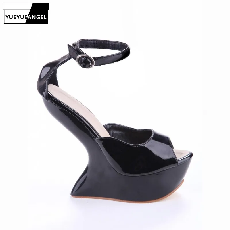 

Summer New Red Black Wedge Sandals Women Sexy Ankle Strap Platform Super High Heel Party Sandal Fashion Peep Toe Stripper Shoes