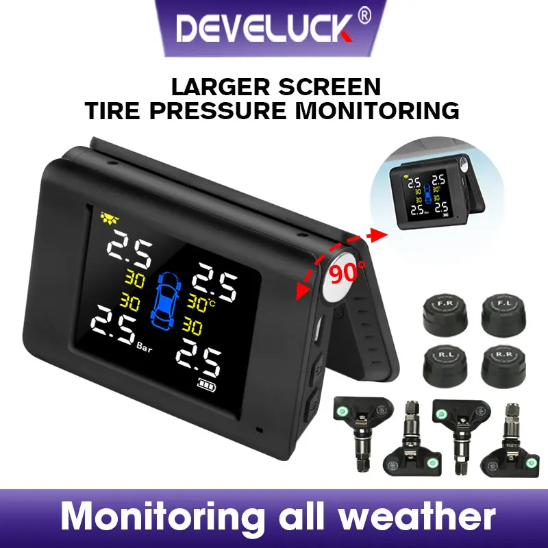 TPMS solar rechargeable tire pressure alarm monitoring system LED color large screen USB 4 wheel internal and external sensors
TPMS solar rechargeable tire pressure alarm monitoring system LED color large screen USB 4 wheel internal and external sensors