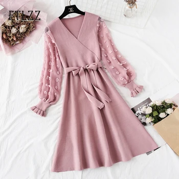 Women Knit Dress 2020 New Fashion Spring Autumn Patchwork Lace V-neck Midi Dresses Ladies With Belt Pink Bandage Long Robe
Women Knit Dress 2020 New Fashion Spring Autumn Patchwork Lace V-neck Midi Dresses Ladies With Belt Pink Bandage Long Robe