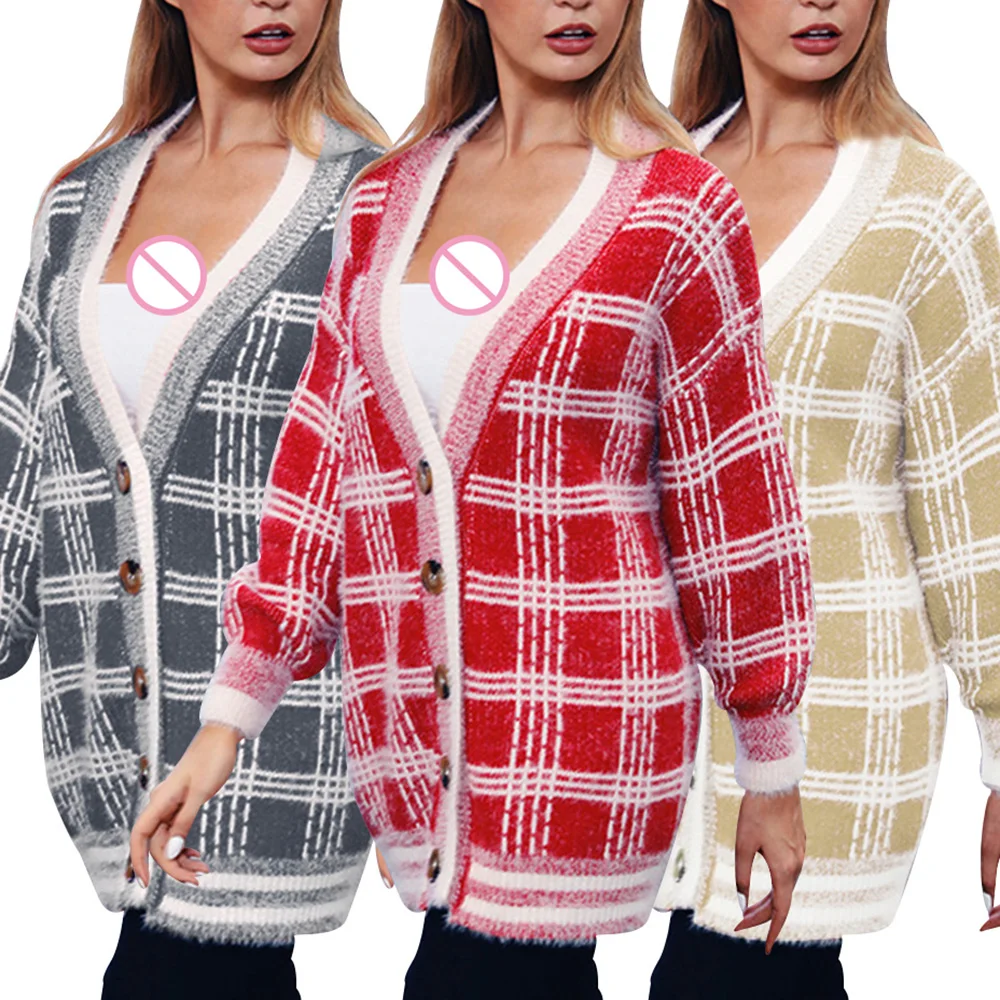 Loose Heavy Sweater Plaid Button Cardigan V-Collar Coat Solid Color Cardigan Fashion printed short coat Sports and leisur 
Loose Heavy Sweater Plaid Button Cardigan V-Collar Coat Solid Color Cardigan Fashion printed short coat Sports and leisur