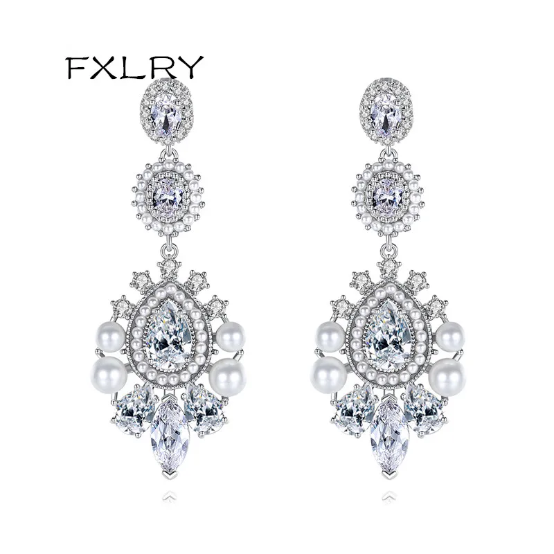 

FXLRY Elegant Imitation Pearl Drop Earrings for Women Cubic Zirconia White Color Necklace for Women Jewelry