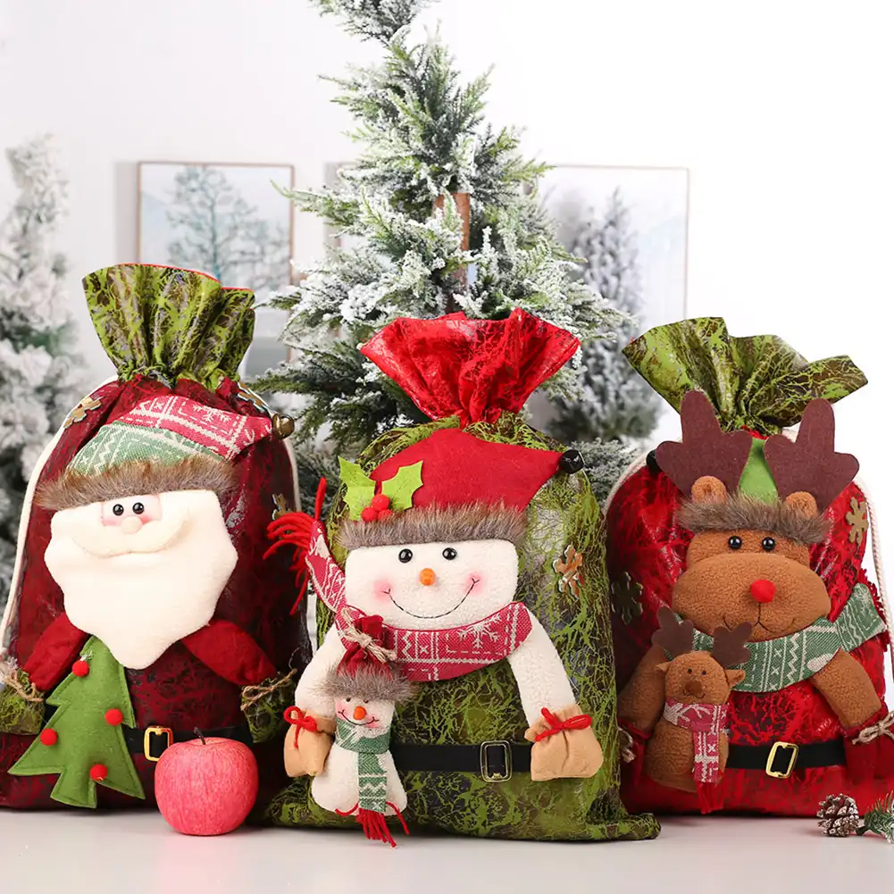 santa snowman elk print drawstring gift packaging gift storage
