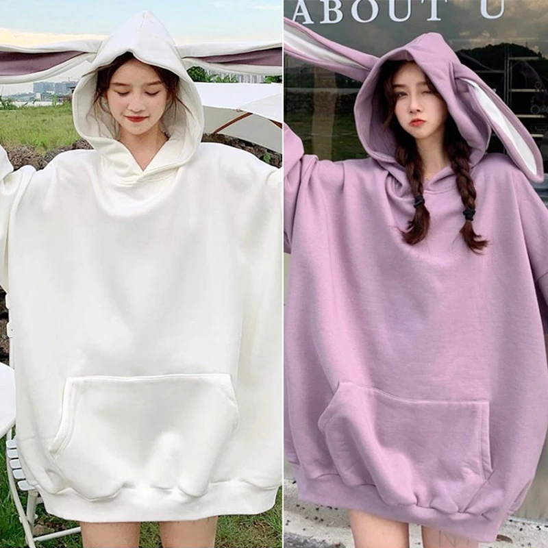 Bunny Ears Hooded Sweater Women Autumn and Winter Korean Loose Plus Fleece Jacket Student Mid-Length | Женская одежда