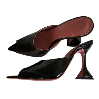 Summer Sexy High Heel Slippers Black Patent Leather Elegant Cup Heel Party Shoes Women Open Pointed Toe Mules slippers Women
Summer Sexy High Heel Slippers Black Patent Leather Elegant Cup Heel Party Shoes Women Open Pointed Toe Mules slippers Women
