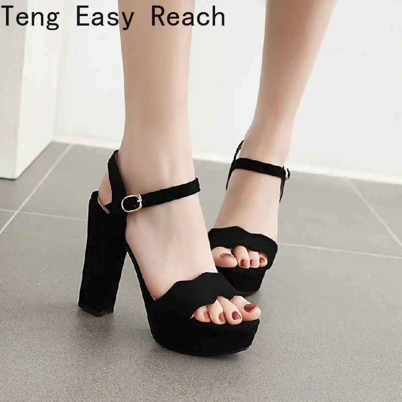 

2021 New Women Platform Sandals Kid Suede Fashion Ladies High Thick Heels Sexy Black Summer Female Ankle Strap Party Shoes