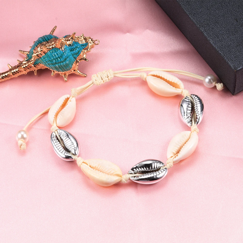 High Quality Women Shells Bracelets Rose Gold Color Natural Shell Knit Bracelet Bangle Jewelry Summer Beach Girl Gift Free Size | Украшения