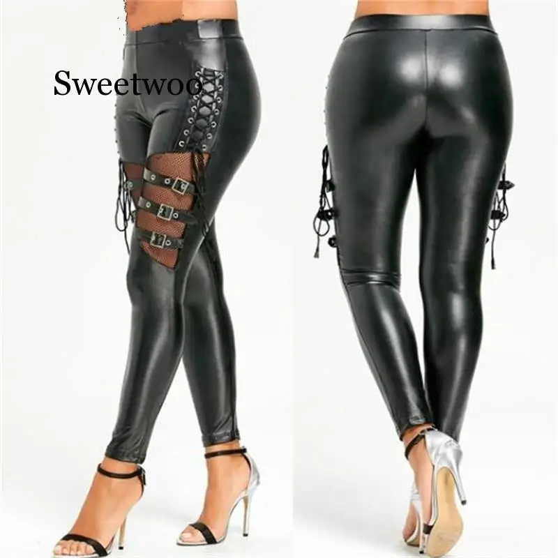 

2020 Fashion New Women Faux Leather Pants PU Legging Back Adjust Hip Legs Pencil Patchwork Buckle Thigh Ladies Trousers